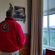 Doug in his hotel room at the Lingotto Congress hotel, which is located in the building that was originally the Fiat factory in Turin, Italy. 'Does the girl come with the car?'