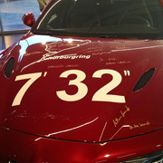 This is the Giulia that set the lap record at the Nurburgring in its class. The time is painted on the hood and it is signed by the driver and the crew. It is on display at the Albert Museum in Turin.