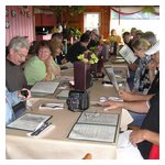 Grabbing seats around our long table at the Golden Eagle