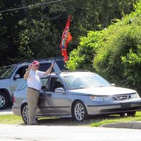 Tom at the rally starting point, ready to send people off