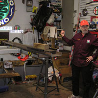 Tom demonstrates his new single post, moveable garage lift that he modified to be convertible to a 'drive-on' lift