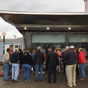 The drivers' meeting under the overhang of the Fillin' Station Diner
