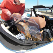 John Rowntree adjusting his custom Clemson University Spider wind screen