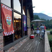 Lounging on the deck of the Stidsens' suitably-decorated chalet
